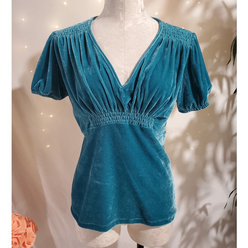 Vtg Massini Womens Velvet Smocked V-Neck Babydoll Top Sz M Blue Fairy Grunge Y2K